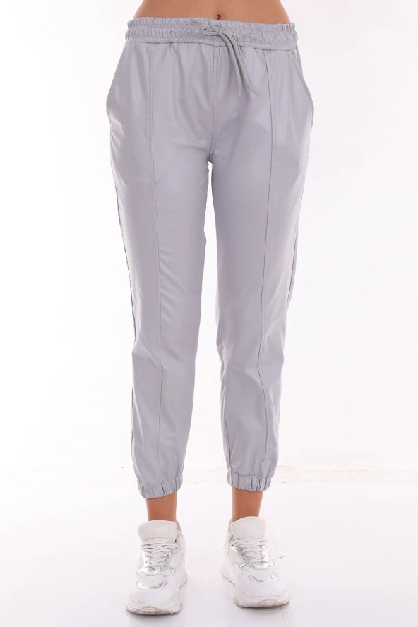 Kadın Deri Görünümlü Beli Lastikli Çimalı Esnek Rahat Pantolon - 4