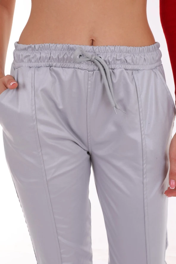 Kadın Deri Görünümlü Beli Lastikli Çimalı Esnek Rahat Pantolon - 5