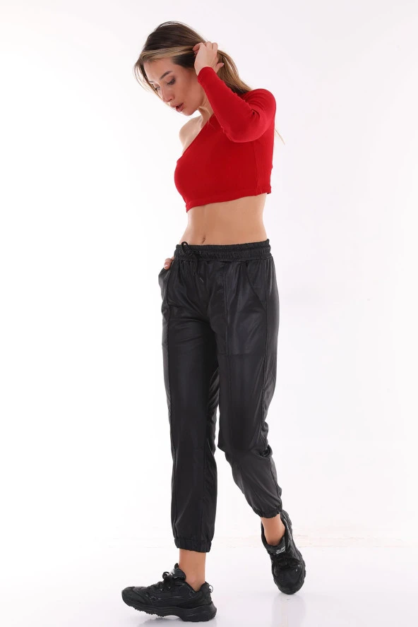 Kadın Deri Görünümlü Beli Lastikli Çimalı Esnek Rahat Pantolon - 7