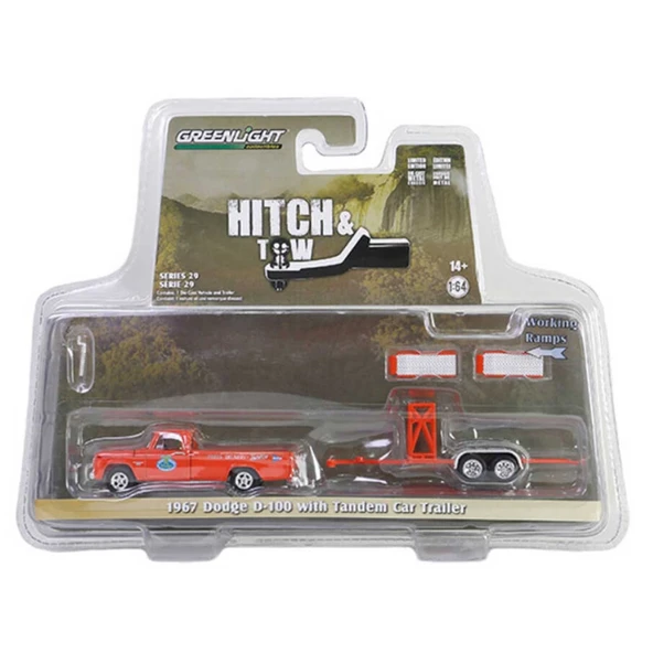 Nessiworld  Greenlight 1/64 1967 Dodge D-100 with Tandem Car Trailer - Resim 2