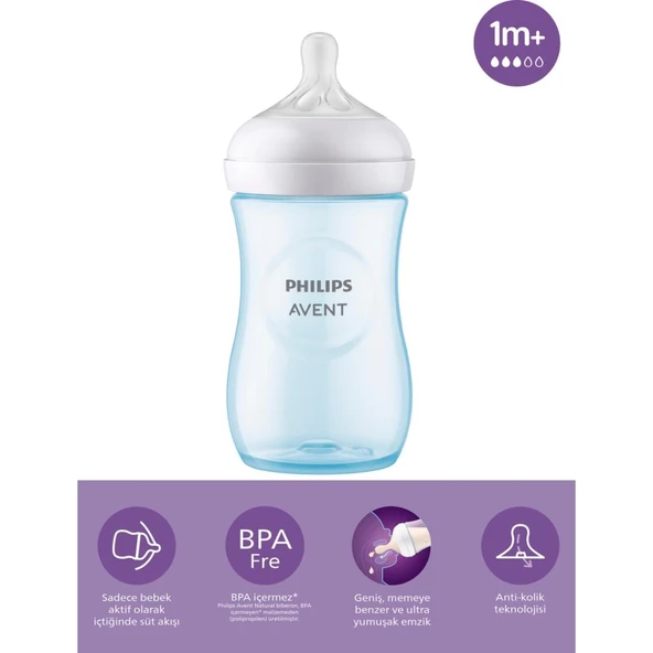 Nessiworld    Avent Doğal Tepkili Natural Response PP Biberon 260ml 1+ Ay Mavi ürün görseli