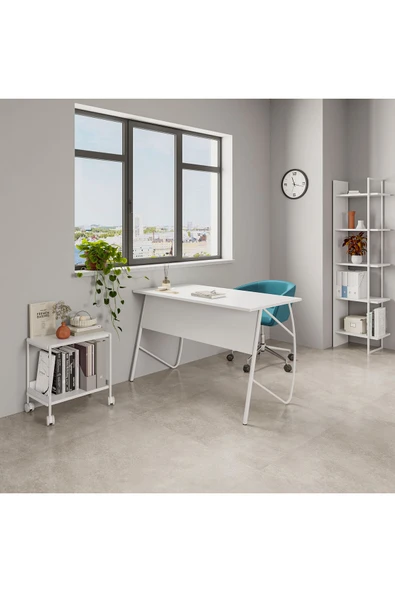 Lagomood Ella Çalışma Masa Takımı 120cm Ella Tekerlekli Sehpa Beyaz - 5