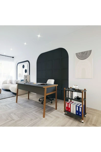 Lagomood Zenith Çalışma Masası Kitaplık Takımı150cm Antrasit Ceviz
