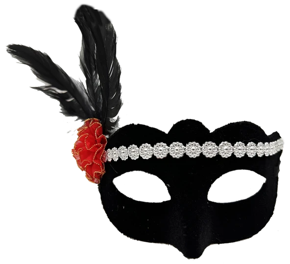 Nessiworld Siyah Renk Süet Kaplama Gümüş Dantelli Kırmızı Gül Tasarımlı Parti Maskesi 18x20 cm - 2