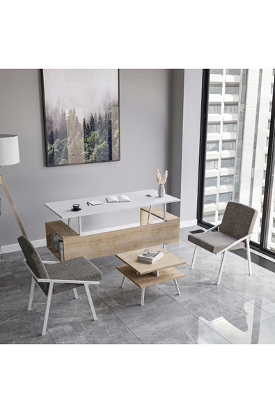 Lagomood İrony Maxi Ofis İki Koltuklu Masa Takımı Meşe Beyaz - 2