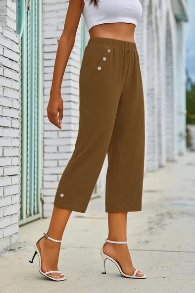 Kadın Beli Lastikli Düğme Ve Cep Detaylı Kapri Ithal Keten Pantolon - 3