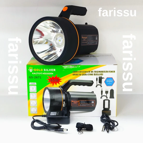 Gold Silver GS-2671 40W Şarjlı El Feneri – 8000mAh Güçlü Aydınlatma, Araçta Şarj Özellikli Taşınabilir Fener