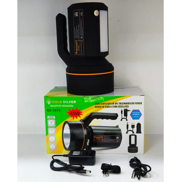 Gold Silver GS-2671 40W Şarjlı El Feneri – 8000mAh Güçlü Aydınlatma, Araçta Şarj Özellikli Taşınabilir Fener - 4