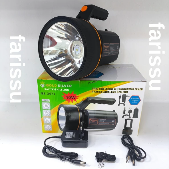 Gold Silver GS-2671 40W Şarjlı El Feneri – 8000mAh Güçlü Aydınlatma, Araçta Şarj Özellikli Taşınabilir Fener - 6
