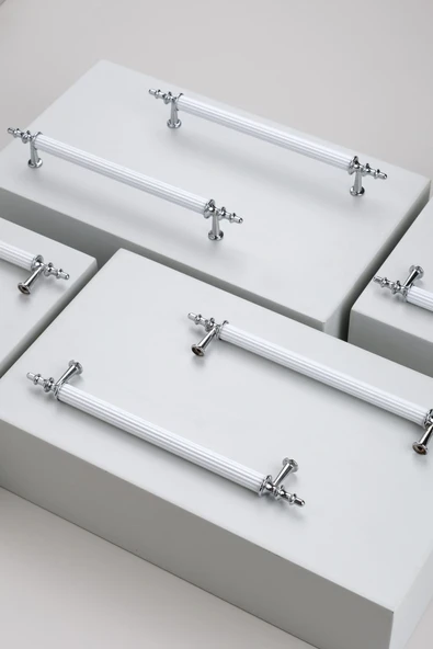 Tuana Rustik Alüminyum Metal Lüks Modern Mobilya Çekmece Mutfak Dolabı Kulpu Beyaz-Krom 192mm - 3
