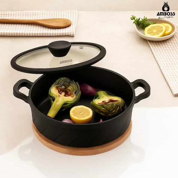 Vento Döküm Titanyum Kaplama Cam Kapaklı Basık Tencere 26x7 cm ürün görseli