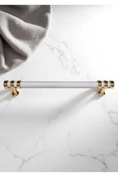 Nesli Alüminyum Metal Lüks Modern Mobilya Çekmece Mutfak Dolabı Kulpu Beyaz-Altın 224mm (5 Adet) - 4