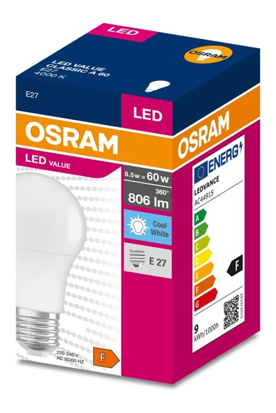 Osram Led 8.5W 6500K 806lm E27 Duy Beyaz Işık 12'Li Ampul/ 4099854041570 - 3