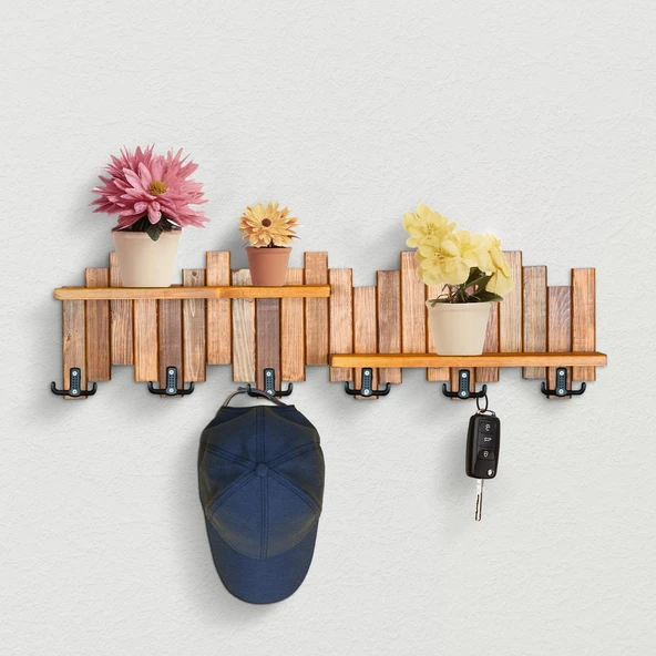 Ahşap Duvar Ve Kapı Askısı Elbise Askılık Portmanto 6 Askılı Piyano 2 Raflı Model