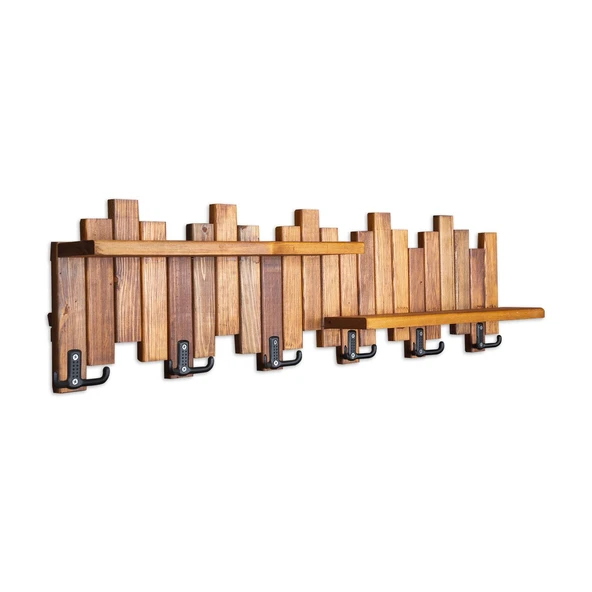 Ahşap Duvar Ve Kapı Askısı Elbise Askılık Portmanto 6 Askılı Piyano 2 Raflı Model - 3