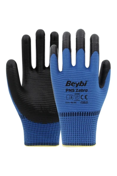 Beybi Pn5 Zebra Mavi Polyester Örme Nitril Eldiven No:9 (4 Adet) - L