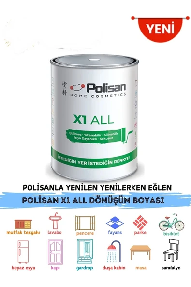 Polisan X1 All Yeni Nesil Dönüşüm Boyası Dolap-fayans-cam-plastik-ahşap-duvar Sınırsız Renk 0.75 lt