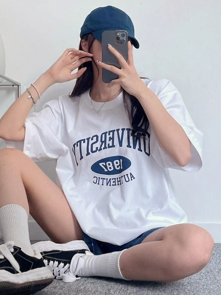 Kadın Tişört Baskılı Uzun T-shirt Pamuklu Oversize Tişört UNIVERSİTY-KADIN - 7