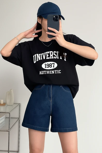Kadın Tişört Baskılı Uzun T-shirt Pamuklu Oversize Tişört UNIVERSİTY-KADIN - 4