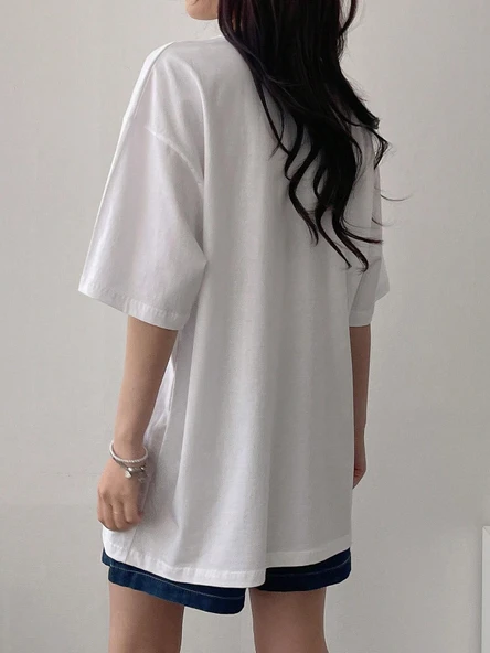 Kadın Tişört Baskılı Uzun T-shirt Pamuklu Oversize Tişört UNIVERSİTY-KADIN - 6