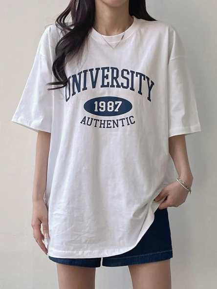 Kadın Tişört Baskılı Uzun T-shirt Pamuklu Oversize Tişört UNIVERSİTY-KADIN - 8
