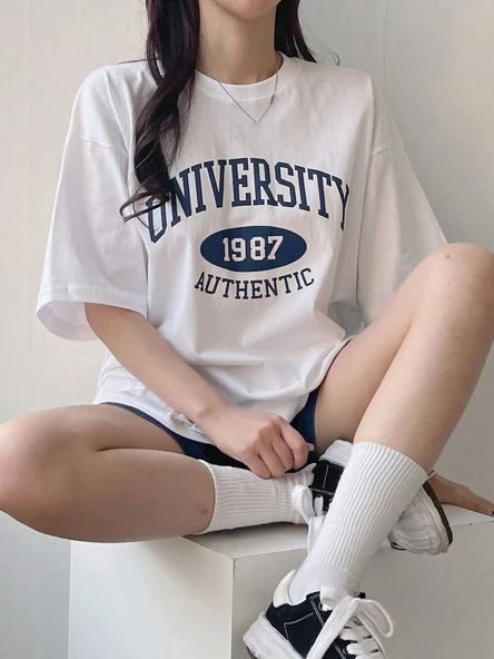 Kadın Tişört Baskılı Uzun T-shirt Pamuklu Oversize Tişört UNIVERSİTY-KADIN - 5