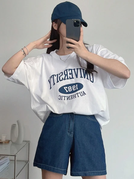 Kadın Tişört Baskılı Uzun T-shirt Pamuklu Oversize Tişört UNIVERSİTY-KADIN - 9