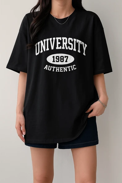 Kadın Tişört Baskılı Uzun T-shirt Pamuklu Oversize Tişört UNIVERSİTY-KADIN - 3