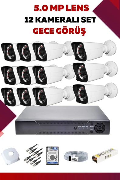 12 Kameralı Set - 5MP Sony Lensli Full Hd Gece Görüşlü Güvenlik Kamerası Sistemi - G6YL4YLV8C - 1