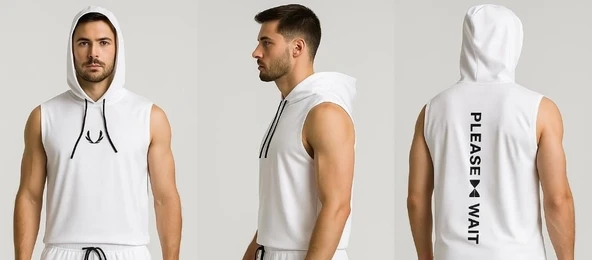 Erkek Lette Kapüşonlu Armalı Esnek Kolsuz Beyaz T-Shirt - 2