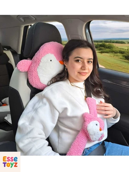 Pembe Neşeli Penguen Araba Yastığı ve Emniyet Kemeri Kılıfı İkili Set – Sevimli ve Konforlu Seyahat Aksesuarı - 2