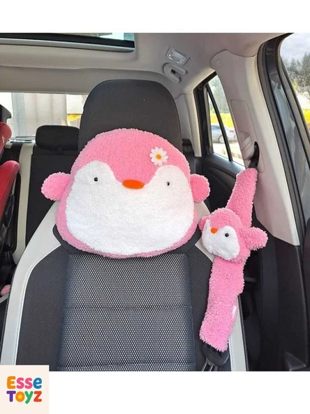 Pembe Neşeli Penguen Araba Yastığı ve Emniyet Kemeri Kılıfı İkili Set – Sevimli ve Konforlu Seyahat Aksesuarı - 3