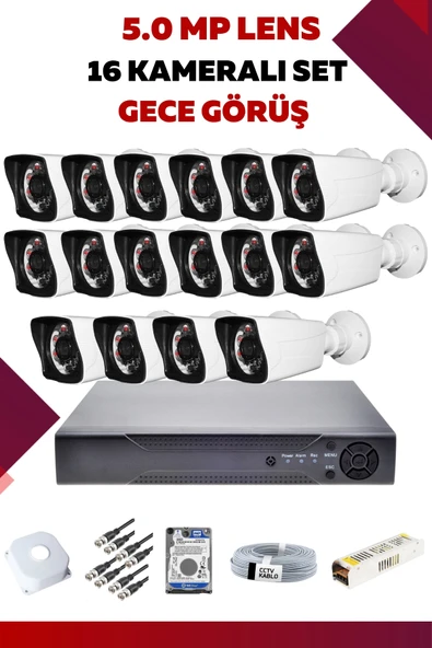 16 Kameralı Set - 5MP Sony Lensli Full Hd Gece Görüşlü Güvenlik Kamerası Sistemi - AW417YFI8I - 1