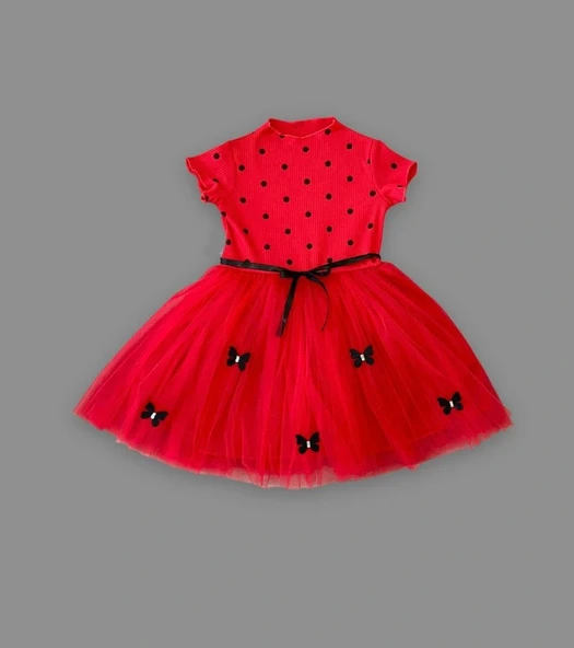 Puantiyeli Kelebek Etekli Astarlı Kız Çocuk Elbisesi - 2
