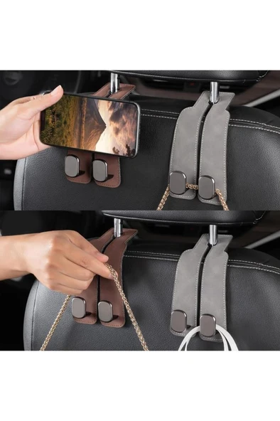 1 Adet Deri Araç İçi Koltuk Başlık Arkası Metal Kancalı Askı Çanta Elbise Askısı Oto Telefon Tutucu - 8