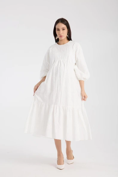 IŞŞIL 34910-Brode Nakış OverSize Hamile Giyim Elbise - 2