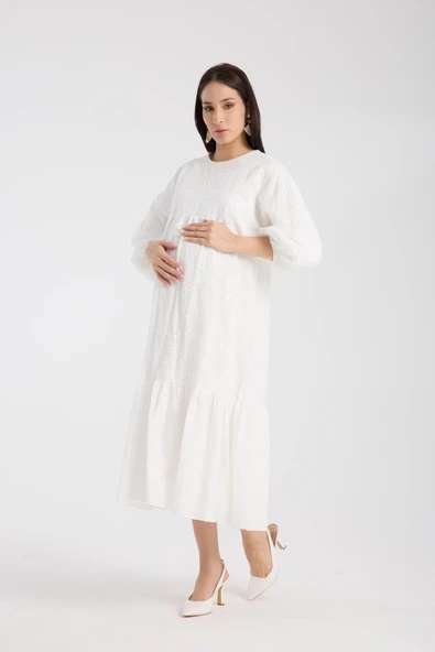 IŞŞIL 34910-Brode Nakış OverSize Hamile Giyim Elbise