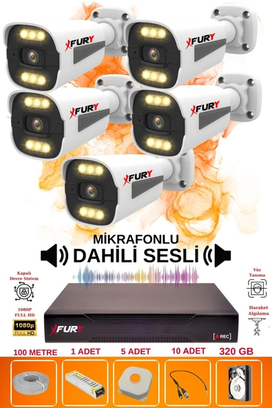 FURY 5 li Sesli 6 Warm Led Gece Renkli Görüş Su Geçirmez Güvenlik Kamerası Seti 320GB ürün görseli