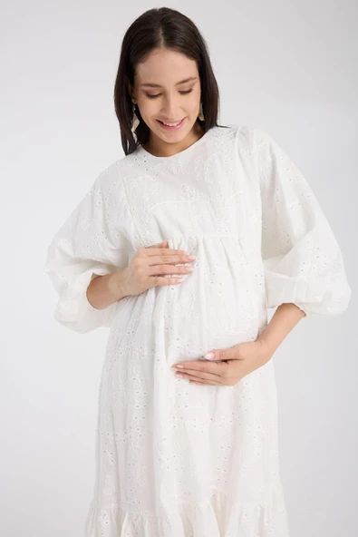 IŞŞIL 34910-Brode Nakış OverSize Hamile Giyim Elbise - 4