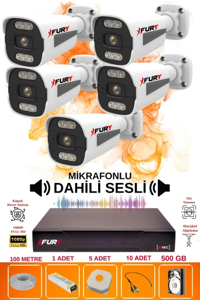 FURY 5 li Sesli 6 Warm Led Gece Renkli Görüş Su Geçirmez Güvenlik Kamerası Seti 500GB - Resim 2