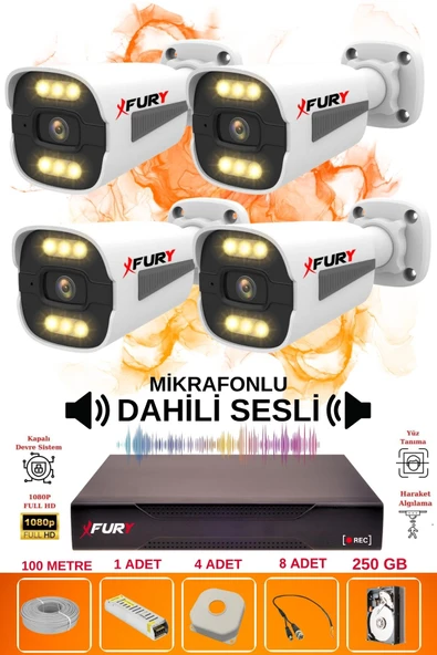 FURY 4 LÜ Sesli 6 Warm Led Gece Renkli Görüş Su Geçirmez Güvenlik Kamerası Seti 250GB ürün görseli