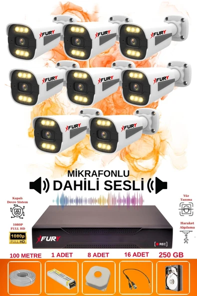 FURY 8 li Sesli 6 Warm Led Gece Renkli Görüş Su Geçirmez Güvenlik Kamerası Seti 250GB ürün görseli 1