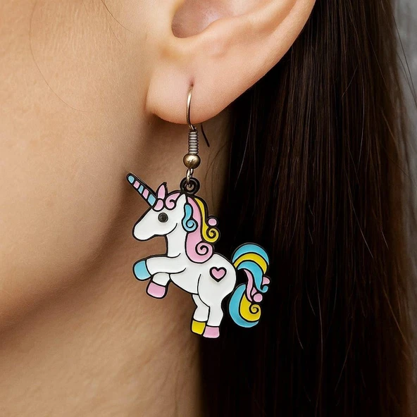 Unicorn Şekilli Mineli Kadın Küpe Çift Adet El Yapımı Küpe - 2