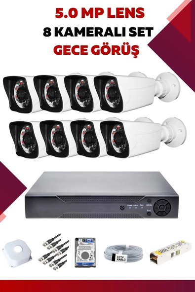 8 Kameralı Set - 5MP Sony Lensli Full Hd Gece Görüşlü Güvenlik Kamerası Sistemi - WXVCNZ76R0