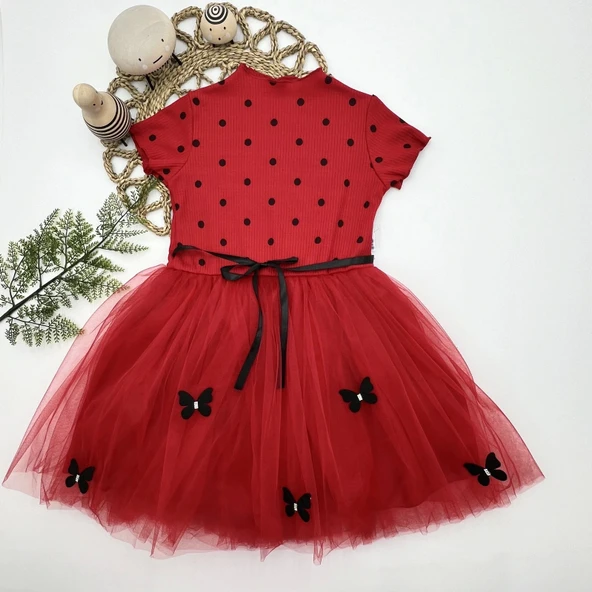 Puantiyeli Kelebek Etekli Astarlı Kız Çocuk Elbisesi