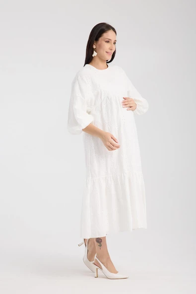 IŞŞIL 34910-Brode Nakış OverSize Hamile Giyim Elbise - 3