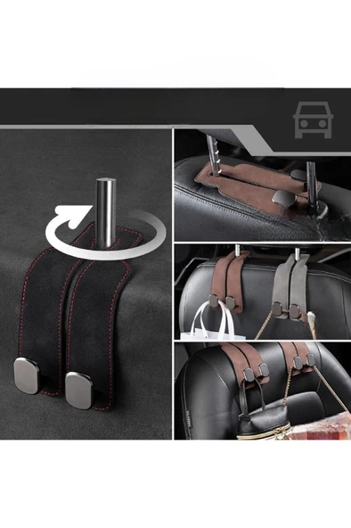1 Adet Deri Araç İçi Koltuk Başlık Arkası Metal Kancalı Askı Çanta Elbise Askısı Oto Telefon Tutucu - 5