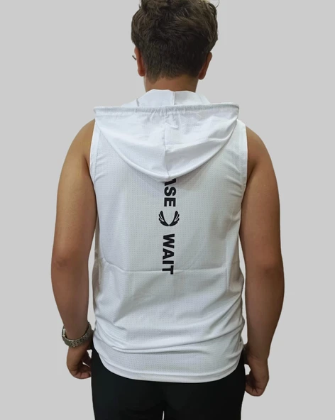 Erkek Lette Kapüşonlu Armalı Esnek Kolsuz Beyaz T-Shirt - 10