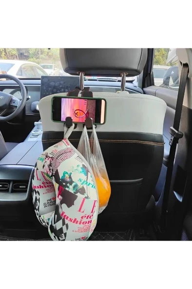 1 Adet Deri Araç İçi Koltuk Başlık Arkası Metal Kancalı Askı Çanta Elbise Askısı Oto Telefon Tutucu - 2