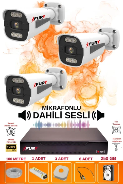 FURY 3 LÜ Sesli 6 Warm Led Gece Renkli Görüş Su Geçirmez Güvenlik Kamerası Seti 250GB - Resim 2